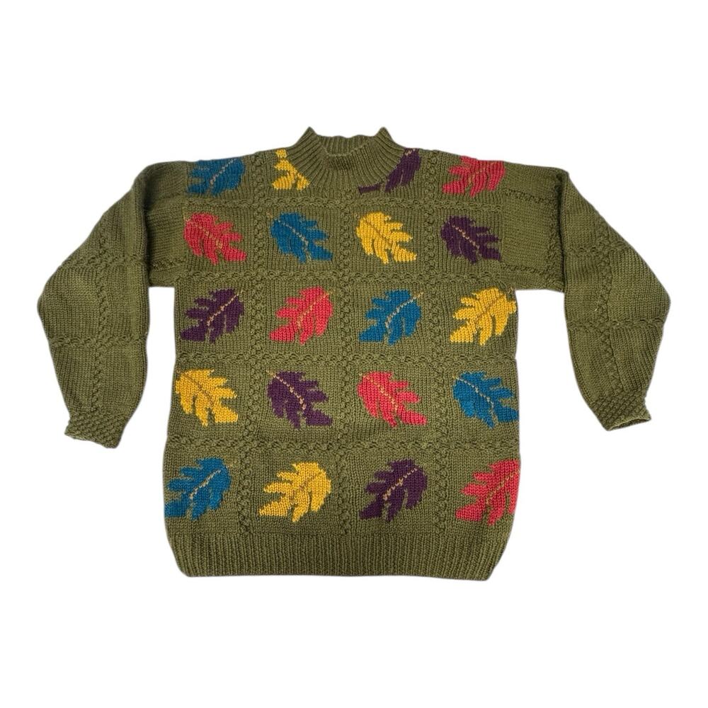 Vintage Mark Shale Large Wool Olive Green Autumn Fall Leaves AOP Sweater